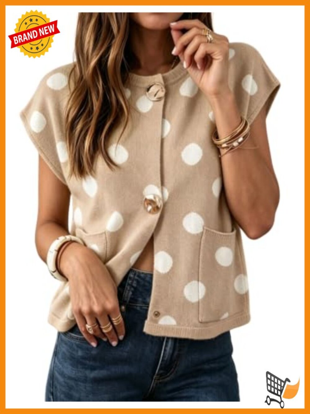 Women Cap Sleeve Cropped Cardigan Sweater Polka Dot Knit Button